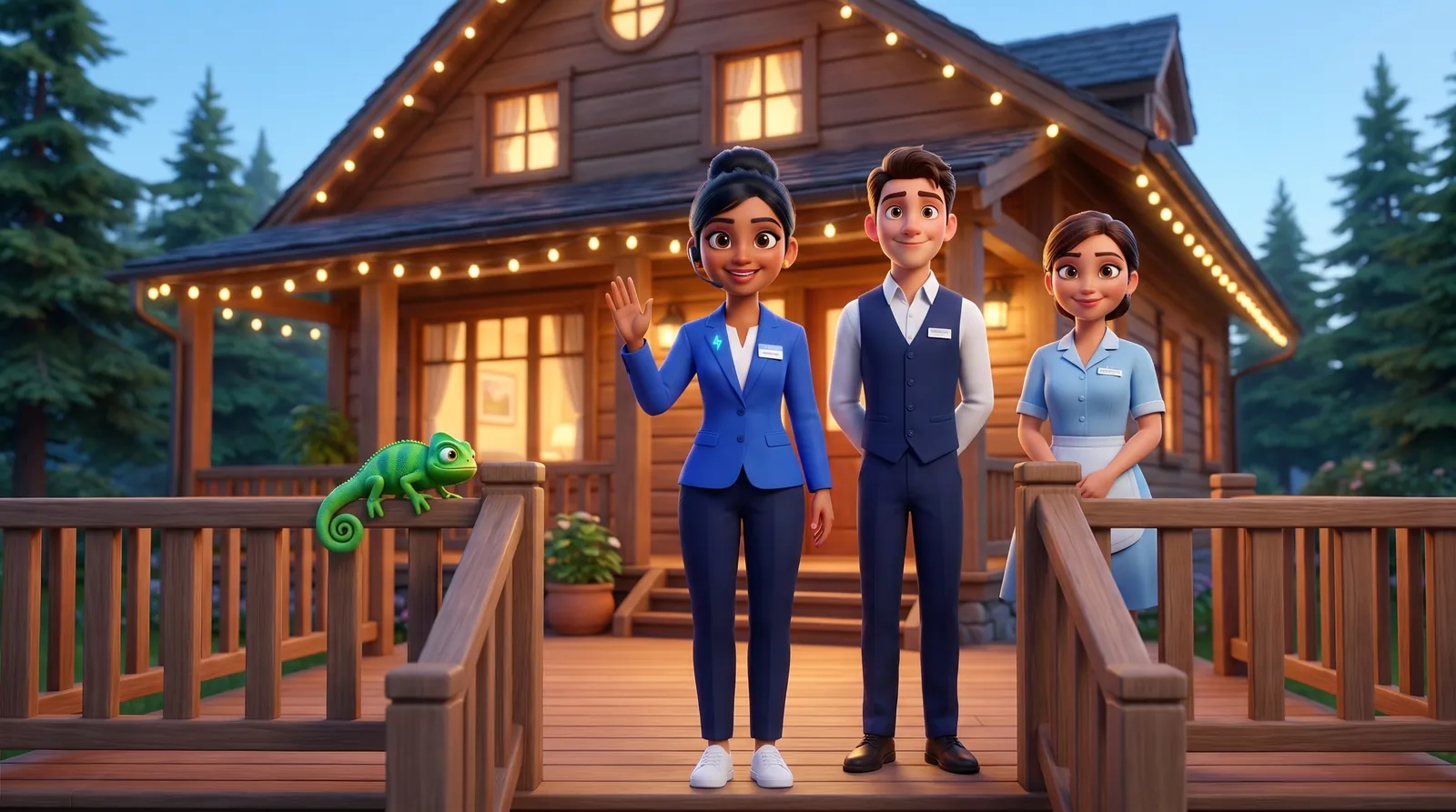 Bella outside a boutique hotel with the front desk team