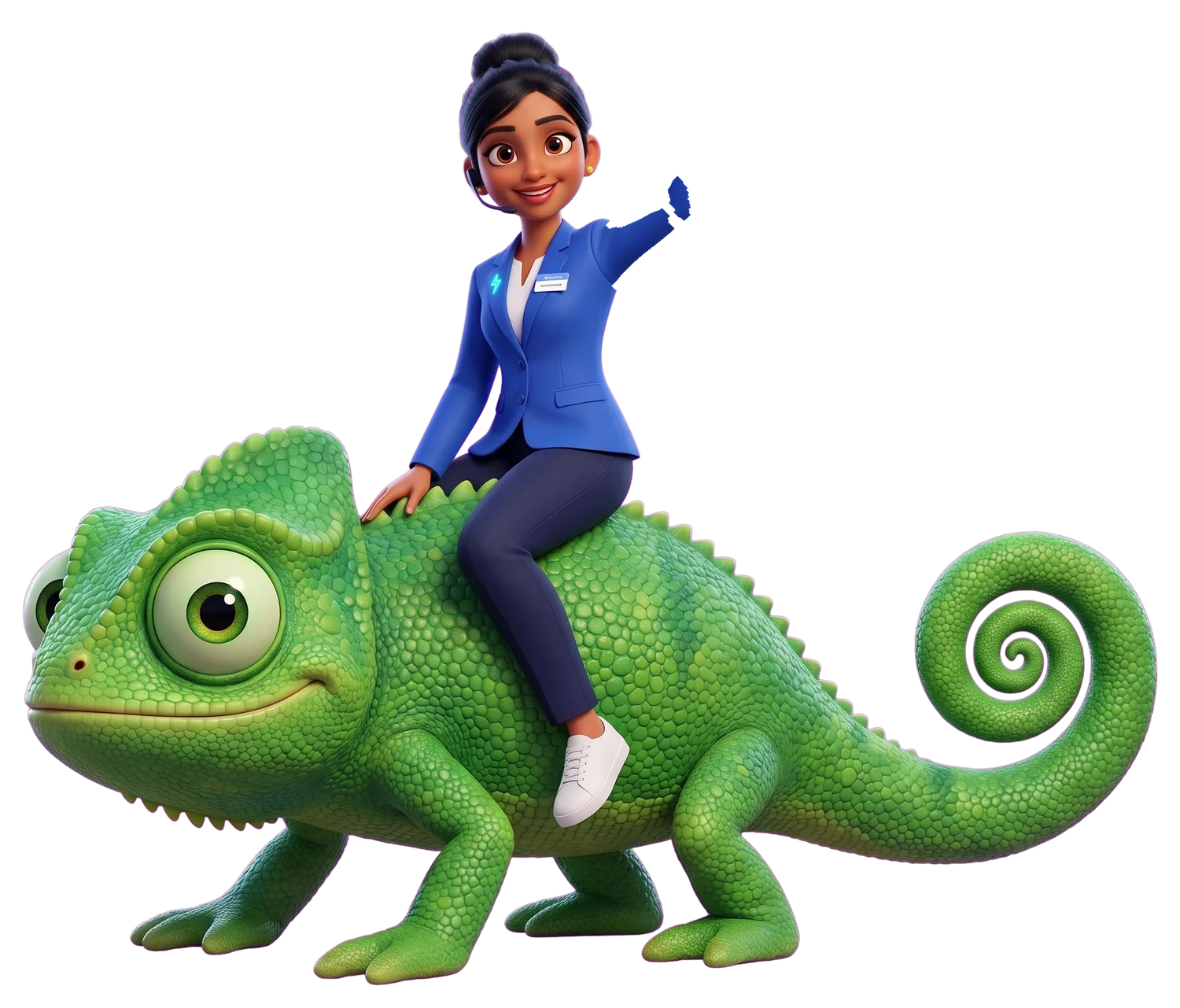 Bella waving from the back of a friendly chameleon